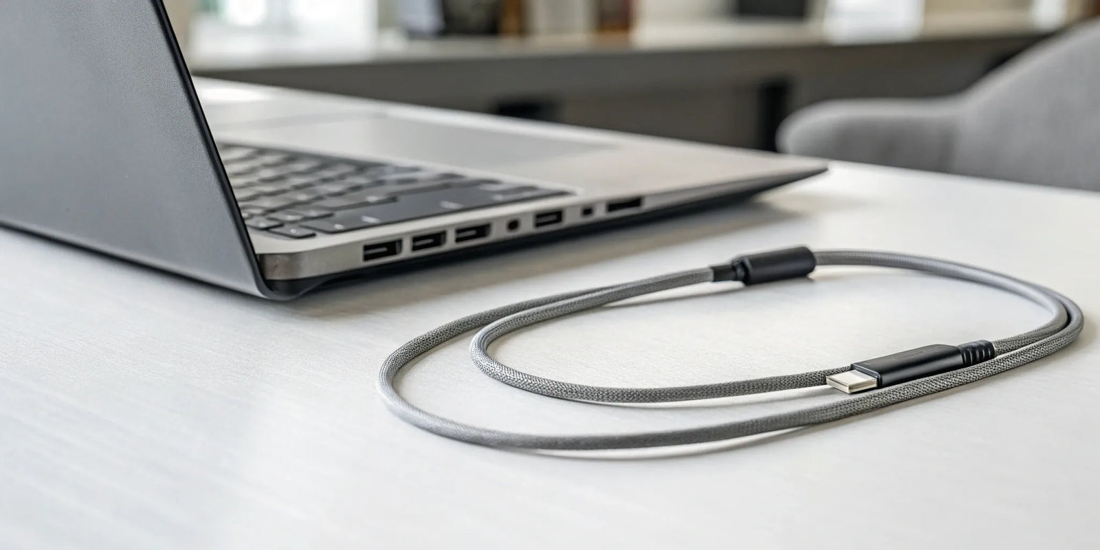 A high-speed USB A to USB C data transfer cable connected to a laptop.