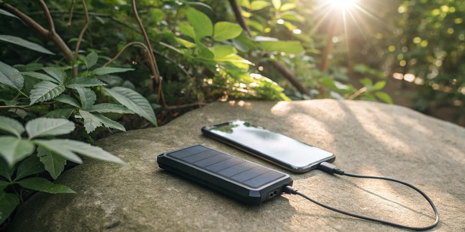 Solar power bank charging phone.