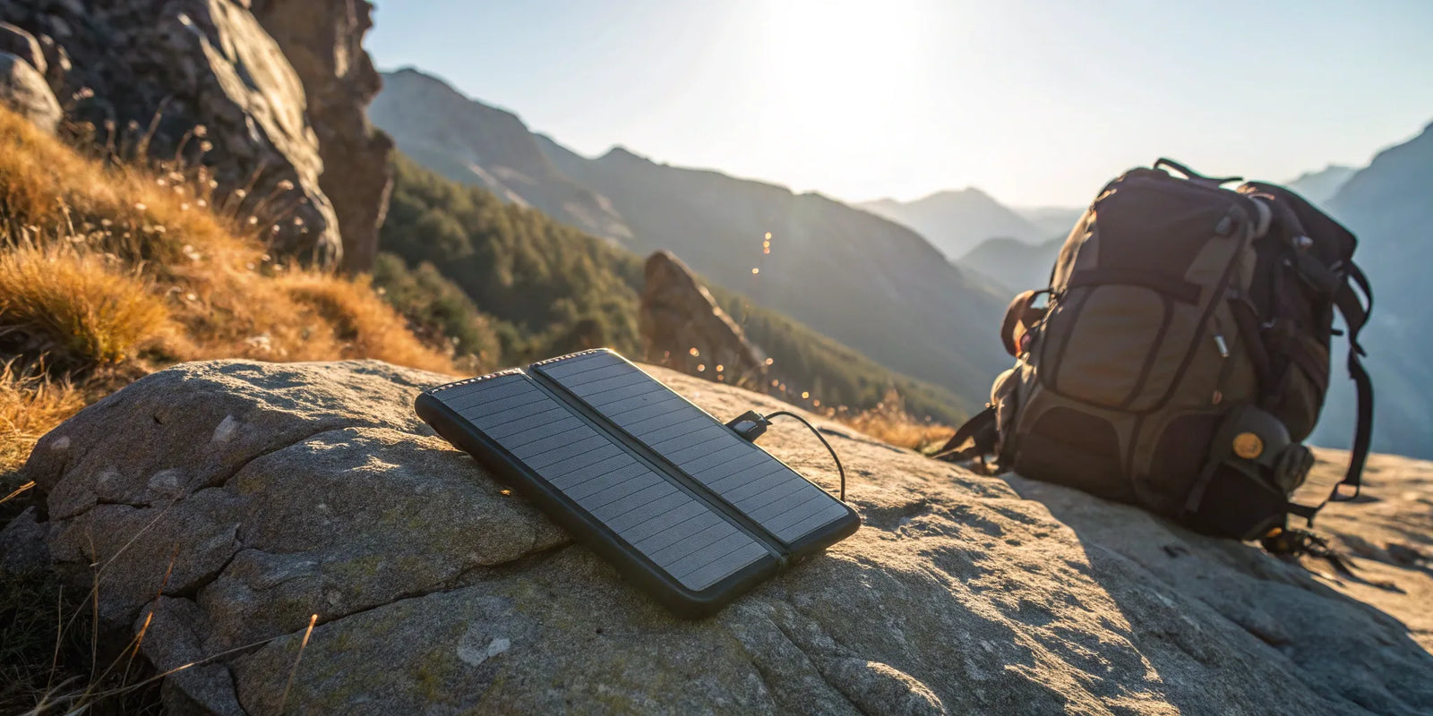 A 20000mAh solar power bank charging on a rock in the mountains next to a backpack.