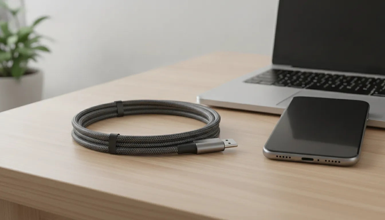 Premium braided USB-C to USB-C fast charging cable beside a smartphone and slim laptop