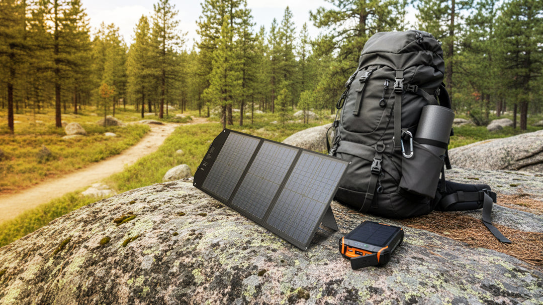 Solar panel and power bank on a rock with a backpack in a forest setting