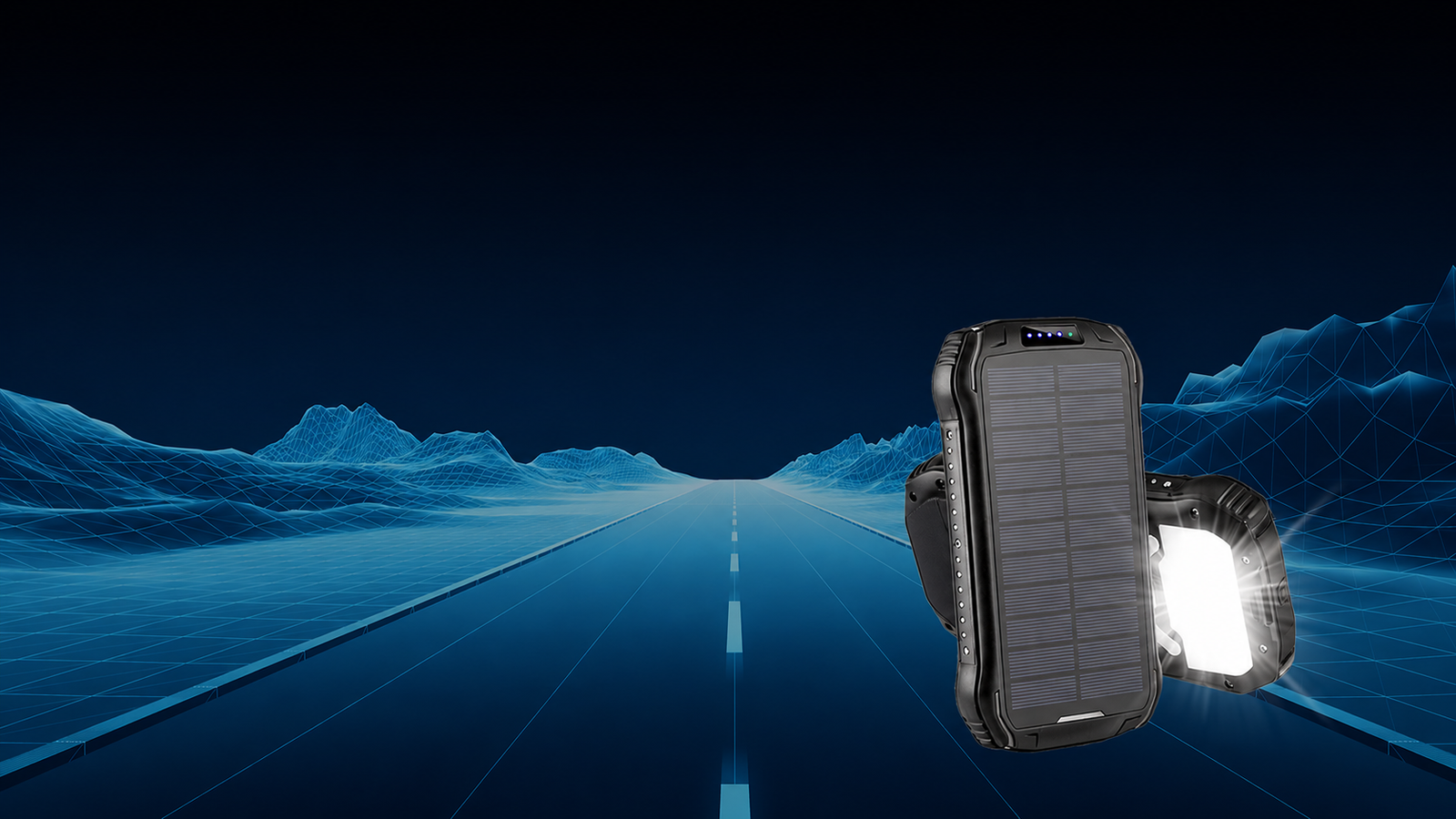 Solar power bank with flashlight on a futuristic blue landscape