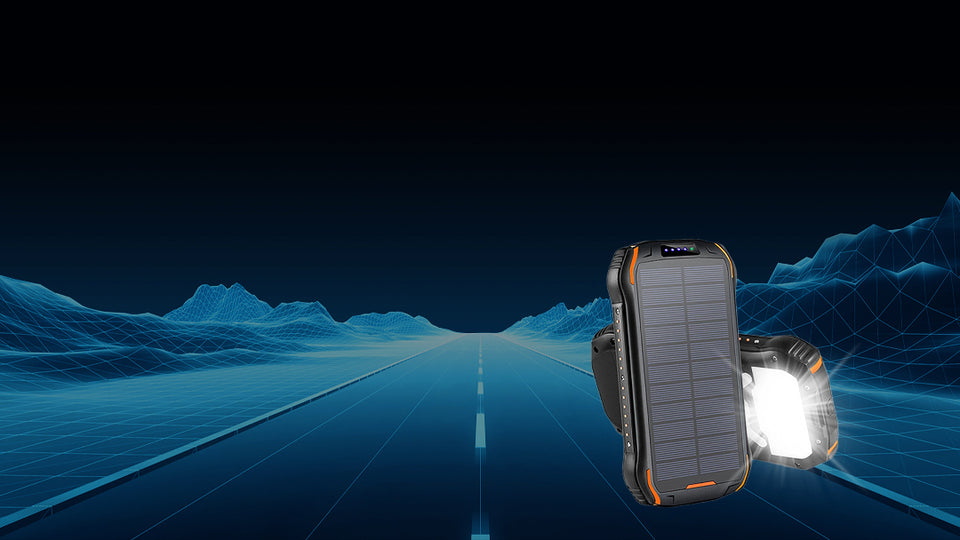 Solar power bank with flashlight on a futuristic blue landscape background