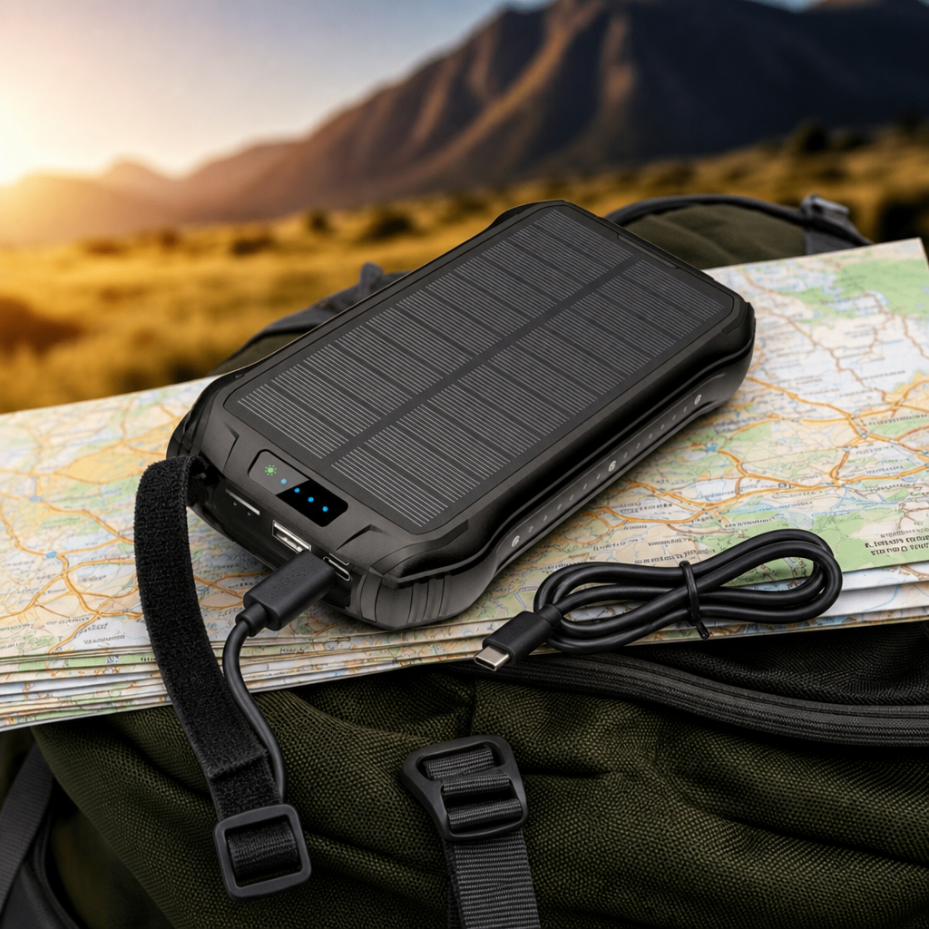 KEUTEK solar power bank with lanyard and USB-C to C short charging cable