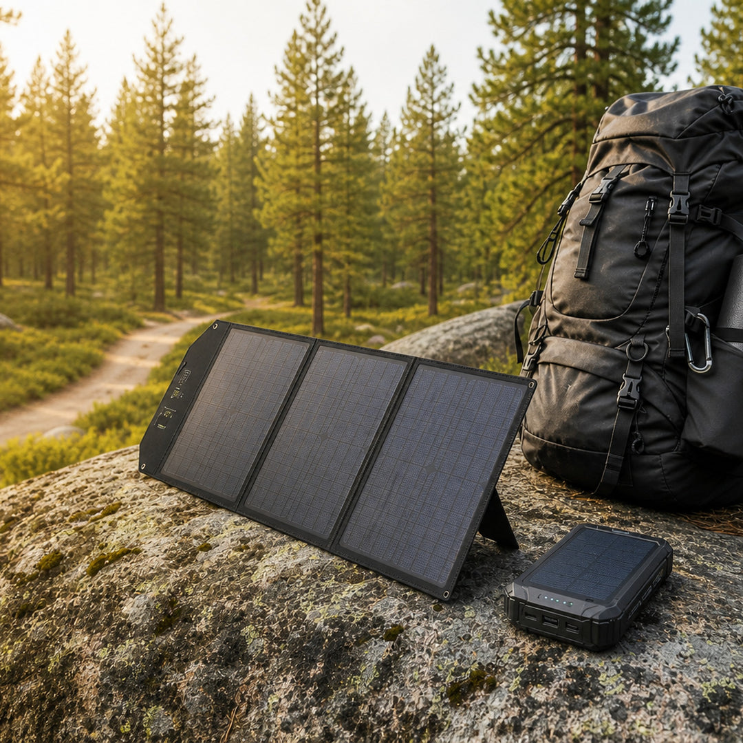 Solar Power Bundle — Black Power Bank + 40W Solar Panel (lifestyle)