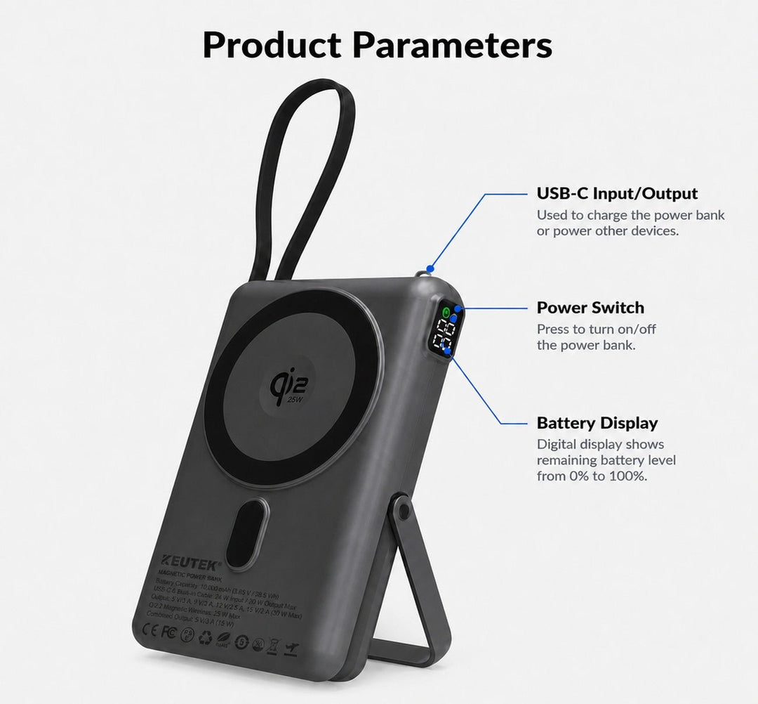Magnetic Power Bank (10,000mAh - 38.5Wh - Qi2.2) - KEUTEK