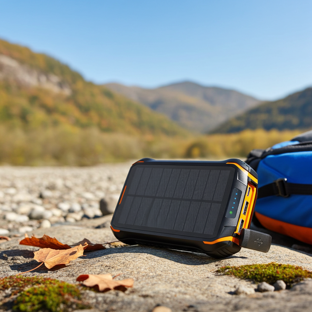 Solar power bank on a rocky surface with mountains in the background