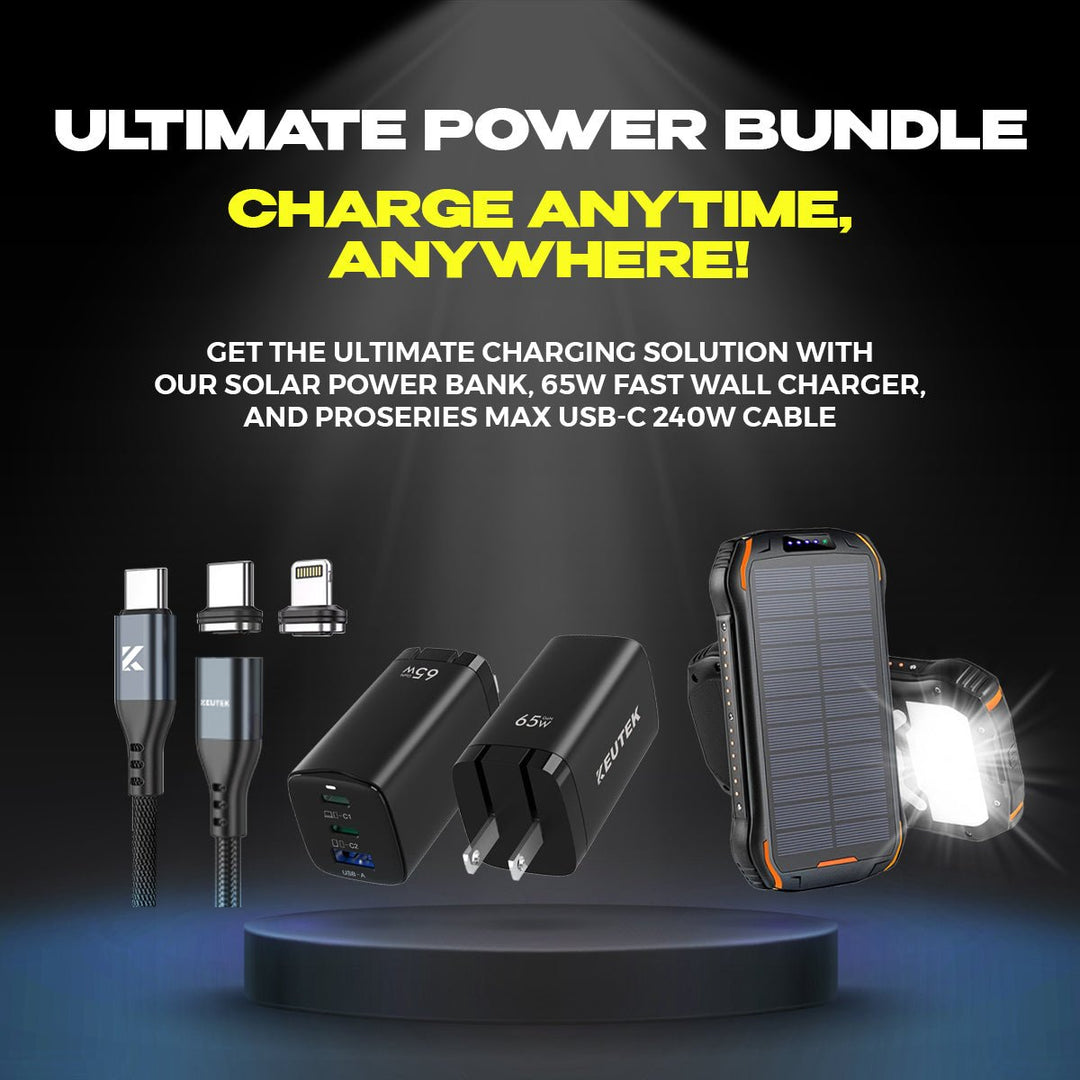 KEUTEK Ultimate Power Bundle featuring a portable solar power bank, 65W fast wall charger, and ProSeries Max USB-C charging cable